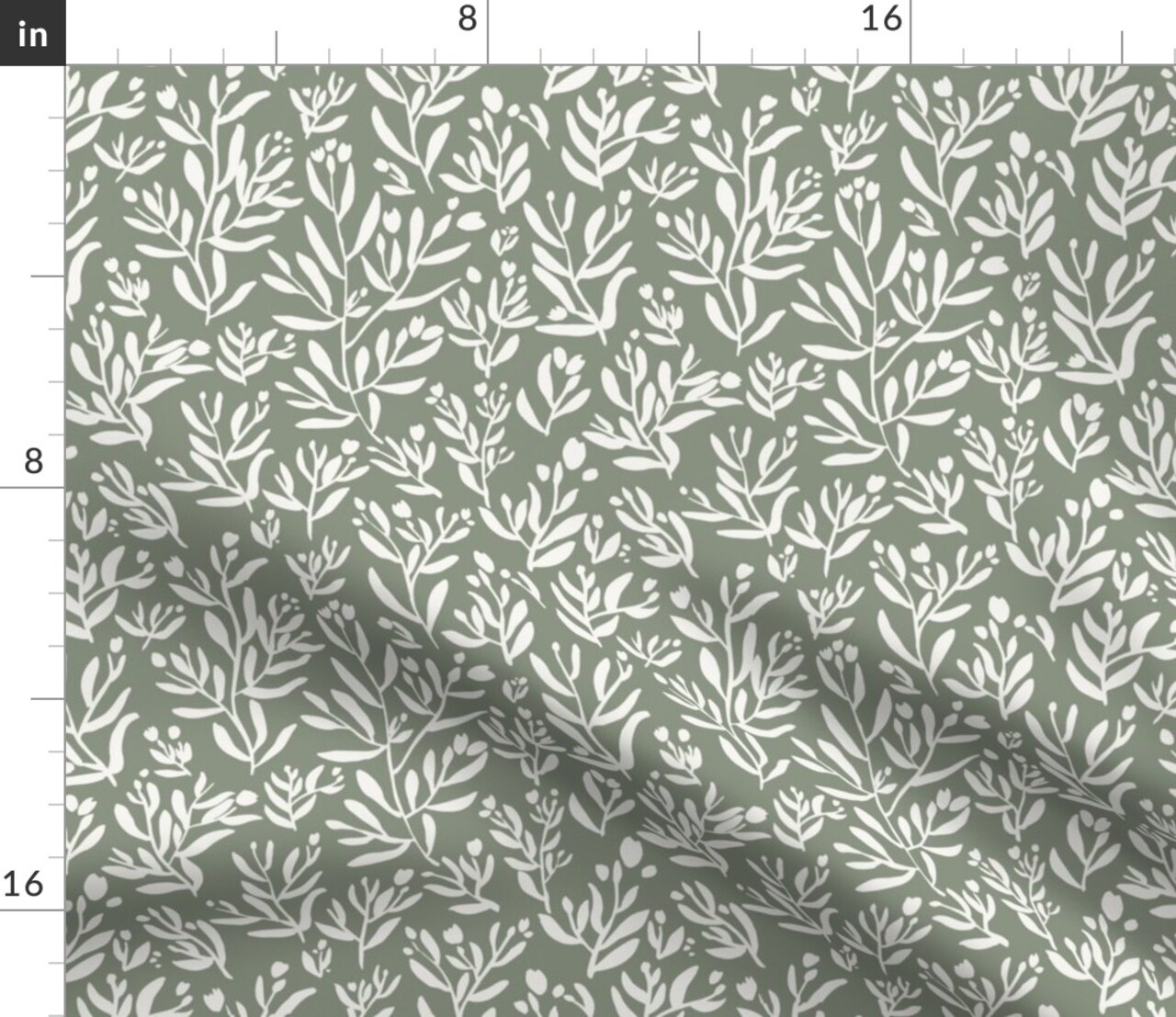 Dark Sage Green Botanical Garden Small Scale White Modern Boho Custom Printed Fabric by Spoonflower Various Fabrics by the Yard or Fat Quarter